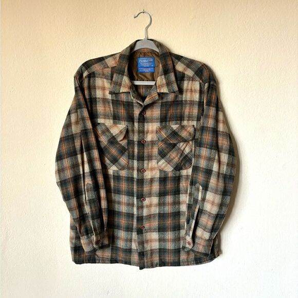 Pendleton 50s Board Wool Dress Green Brown Shirt Plaid Size M - Picture 2 of 6